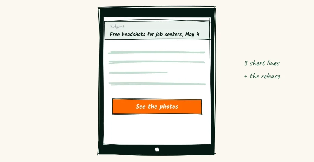 A doodle phone email with the subject line free headshots for job seekers, May 4, a few short lines and a see the photos button