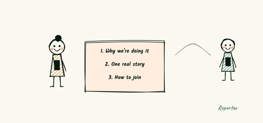When the reporter calls A doodle photographer on a phone call holding a card with three notes, why we're doing it, one real story and how to join, talking to a reporter
