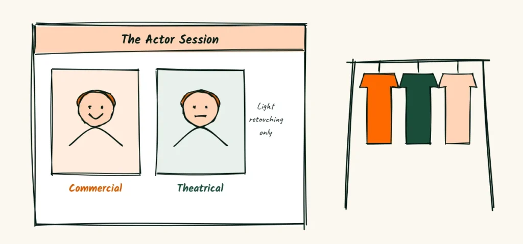 The actor's box A doodle actor session card with a smiling commercial look and a calm theatrical look and a note saying light retouching only, next to a clothes rack with three outfits