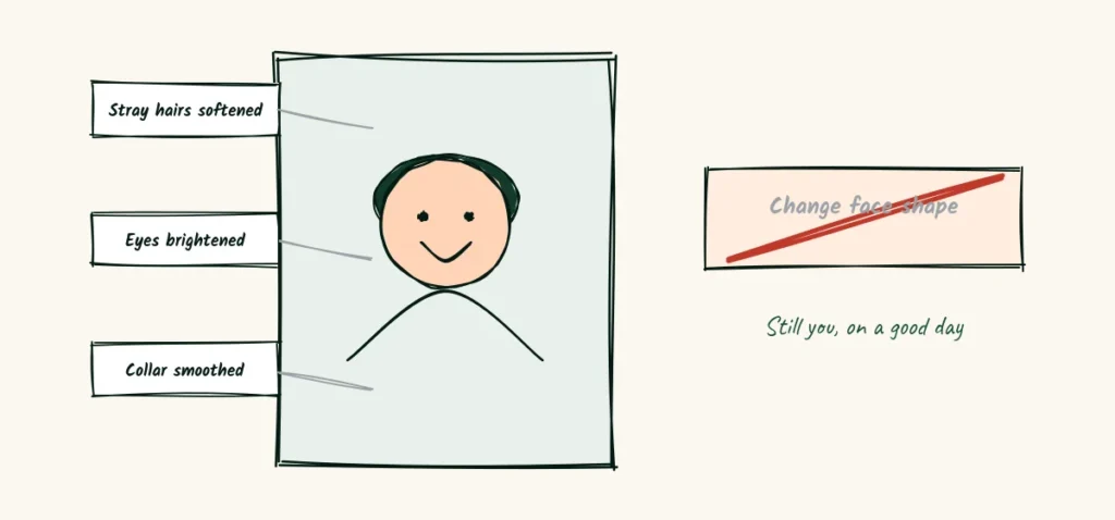 Retouching, explained A doodle headshot with notes pointing to stray hairs softened, eyes brightened and collar smoothed, beside a crossed-out note saying change face shape and the words still you on a good day