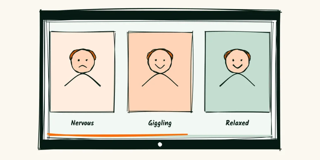 A doodle phone playing a short clip in three frames of a client going from nervous to giggling to relaxed, the kind of clip that makes headshot photographer social media feel human