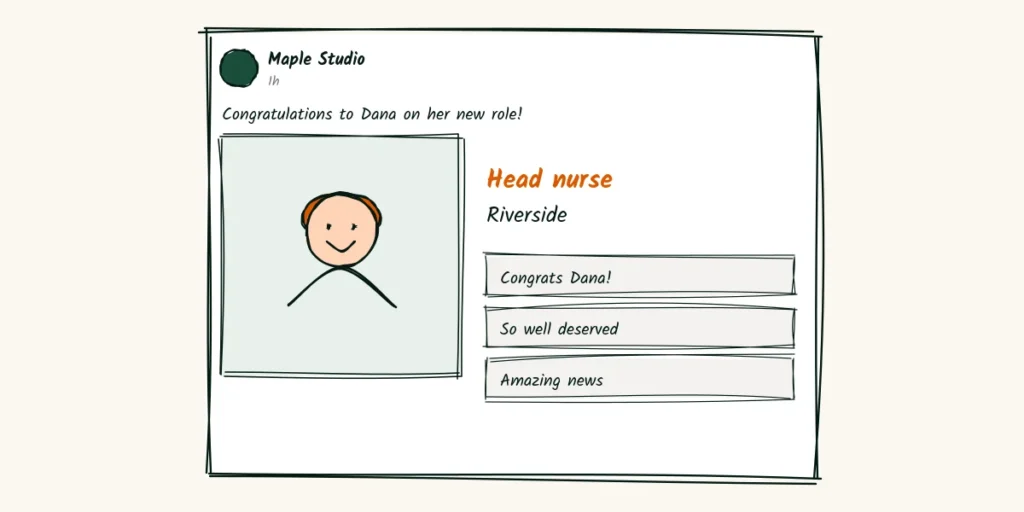 Celebrate their wins A doodle LinkedIn-style post congratulating a client on her new role as head nurse at Riverside, with her headshot and congratulation comments