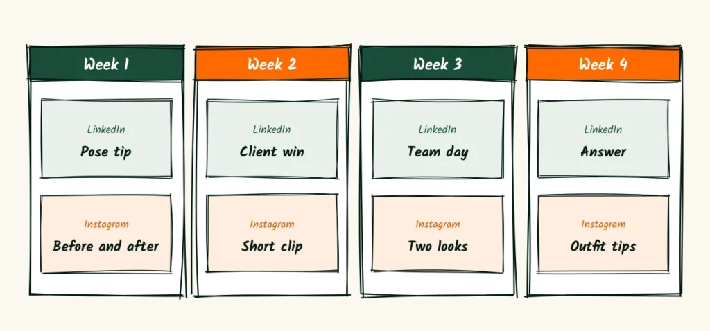 The 4-week loop A doodle four-week calendar with two post cards each week, LinkedIn and Instagram, labeled pose tip, before and after, client win, short clip, team day, two looks, answer and outfit tips