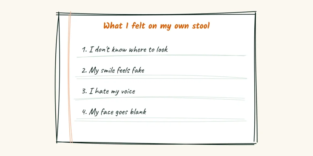 What it feels like on the stool A doodle notebook page titled what I felt on my own stool, with four handwritten lines, I don't know where to look, my smile feels fake, I hate my voice and my face goes blank