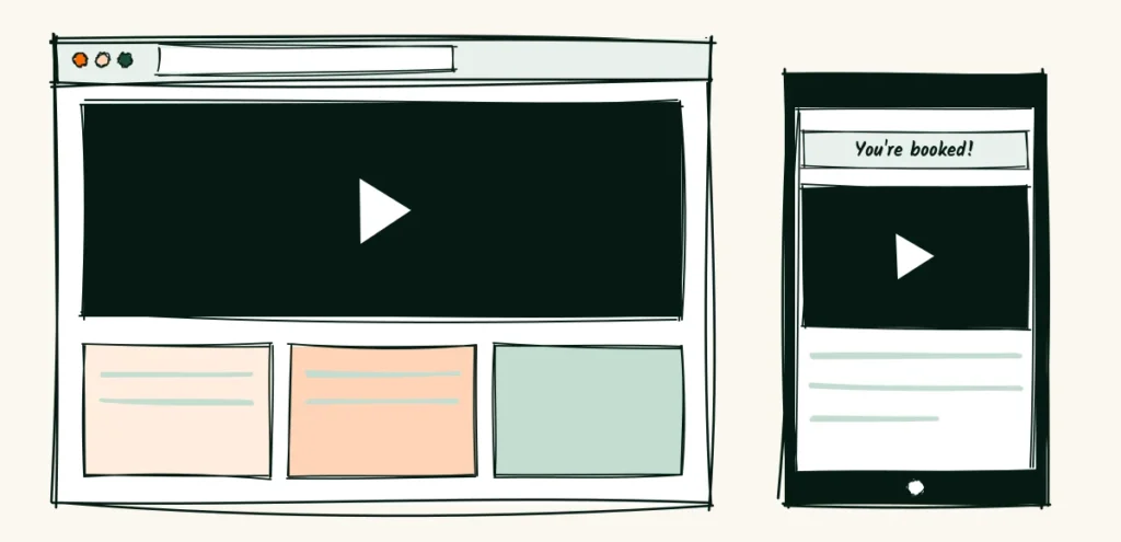Where the video lives A doodle services page with a video player at the top above three plan cards, and a phone showing the same video inside a you're booked confirmation email
