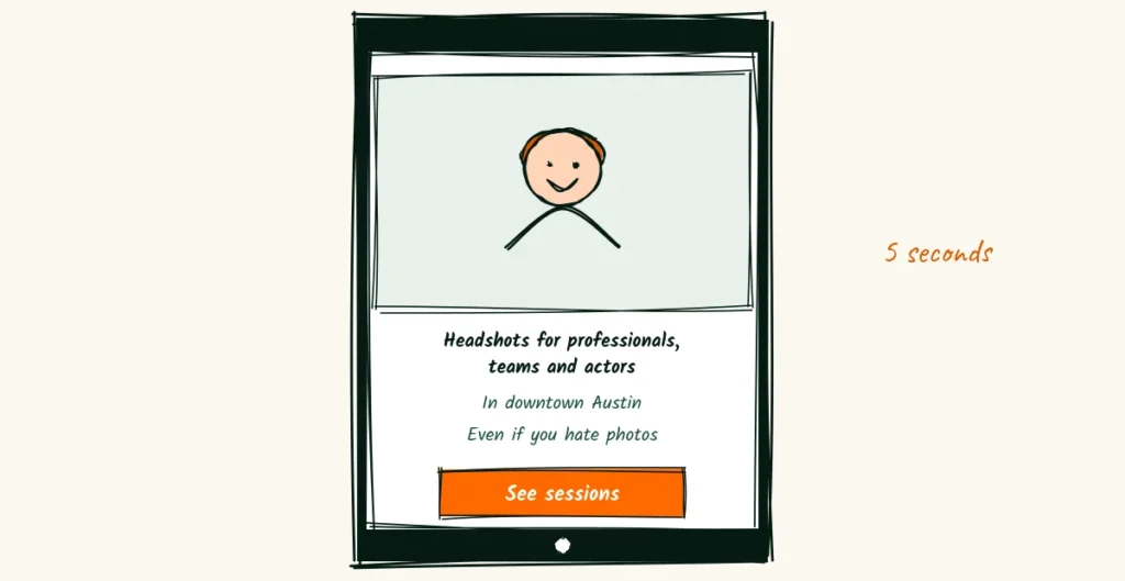 The lobby A doodle phone homepage top screen with one headshot and three lines, headshots for professionals, teams and actors, in downtown Austin, even if you hate photos, and a see sessions button
