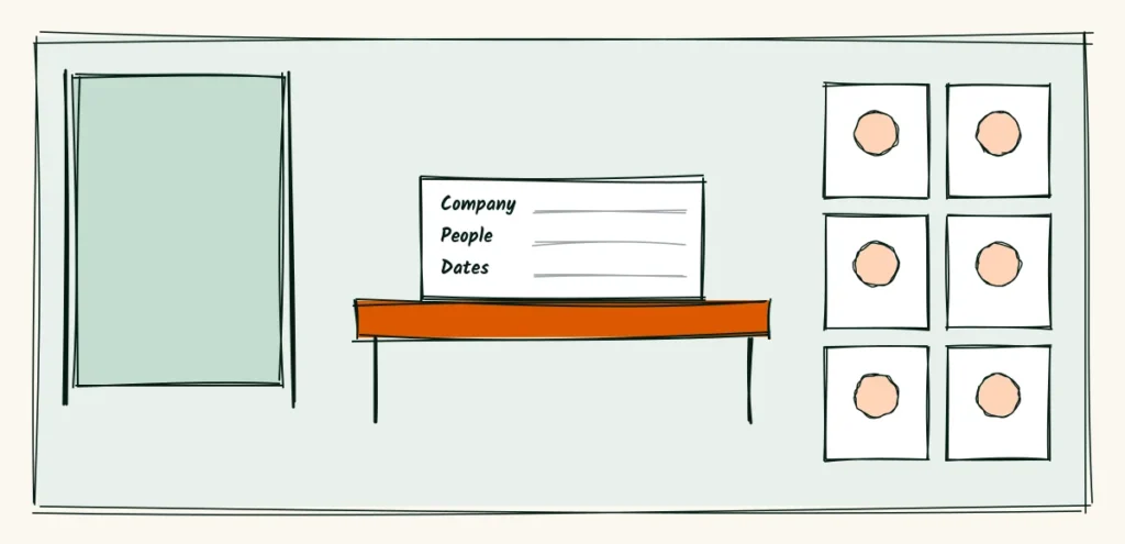 The team meeting room A doodle meeting room with a portable backdrop, a table holding a short form for company, people and dates, and a wall of six matching team headshots