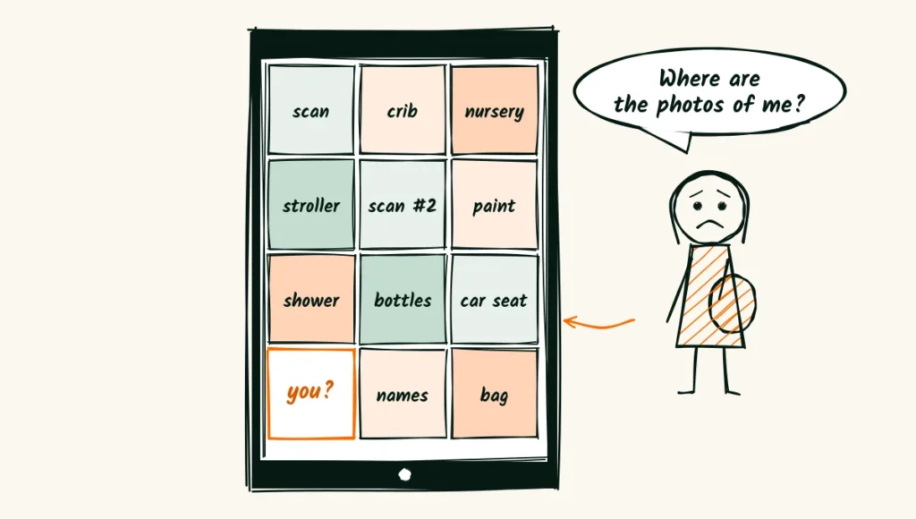 The gap in her camera roll A doodle phone camera roll full of ultrasound pictures, a crib, a stroller and a painted nursery wall, with one empty square marked you, and a pregnant woman asking where the photos of her are