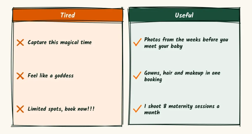 Swap vague for useful A doodle swap list with capture this magical time, feel like a goddess and limited spots crossed out, and useful lines like photos from the weeks before you meet your baby checked