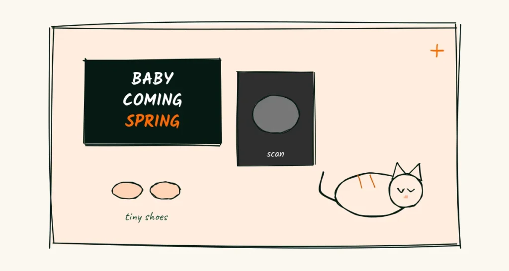 Posts for the quiet secret A doodle pregnancy announcement photo with a letter board that says baby coming spring, an ultrasound print, tiny shoes and a cat