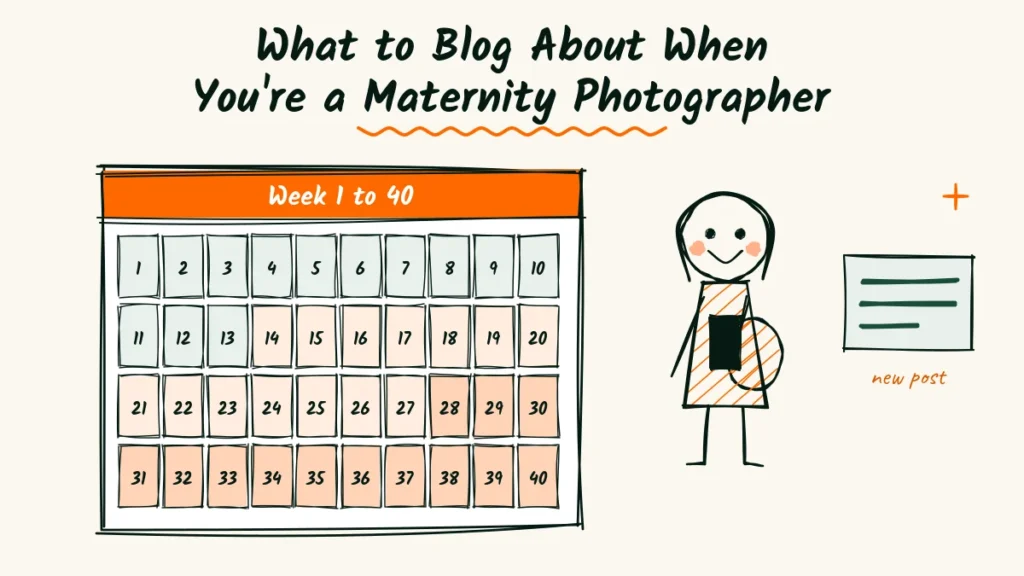 What to Blog About When You’re a Maternity Photographer Maternity photographer blog ideas doodle with a 40-week calendar of post ideas and a pregnant woman reading a new blog post on her phone