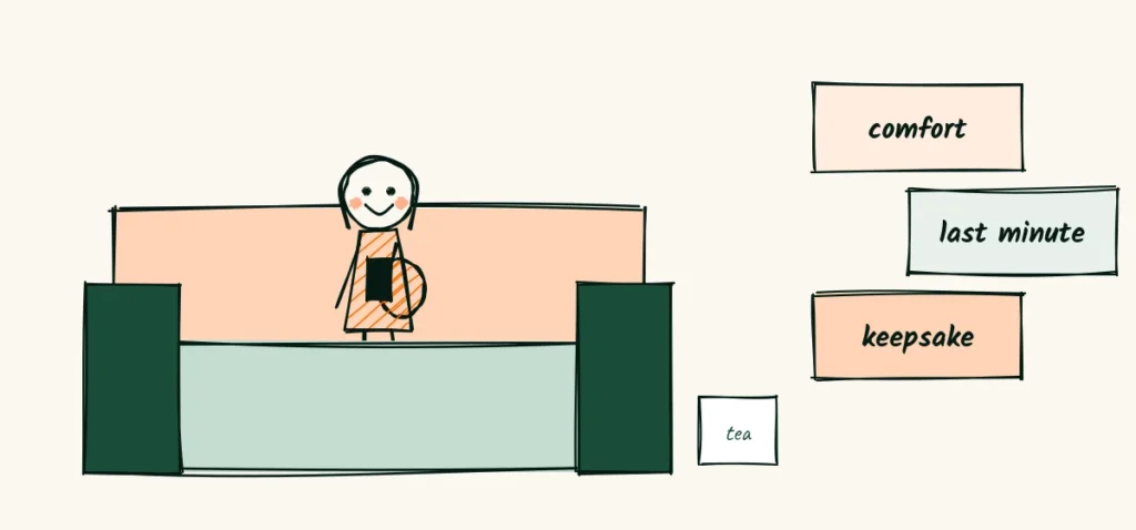 Posts for the nesting days A doodle pregnant woman on a couch reading her phone beside a cup of tea, with three sticky notes labeled comfort, last minute and keepsake