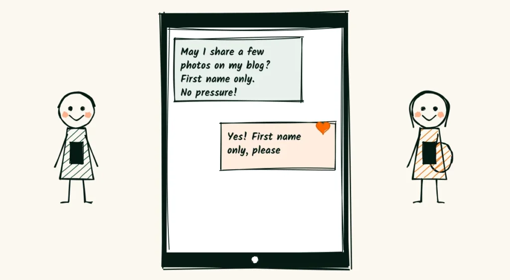 Ask first, every time A doodle phone message where a photographer asks a client to share a few photos on the blog, first name only, and the client replies yes, first name only, please