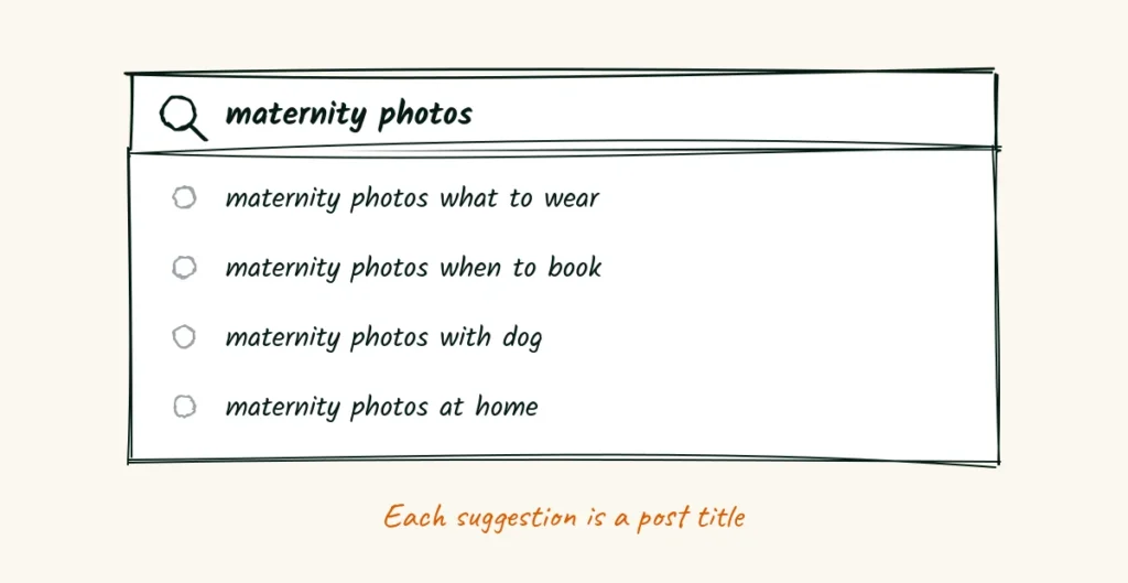 Titles she'd actually type A doodle search bar typed with maternity photos and four suggestions dropping down, what to wear, when to book, with dog and at home