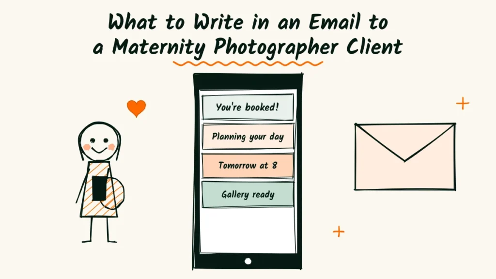 What to Write in an Email to a Maternity Photographer Client Maternity photographer client email doodle with a phone inbox showing you are booked, planning your day, tomorrow at 8 and gallery ready, a happy pregnant client and an envelope