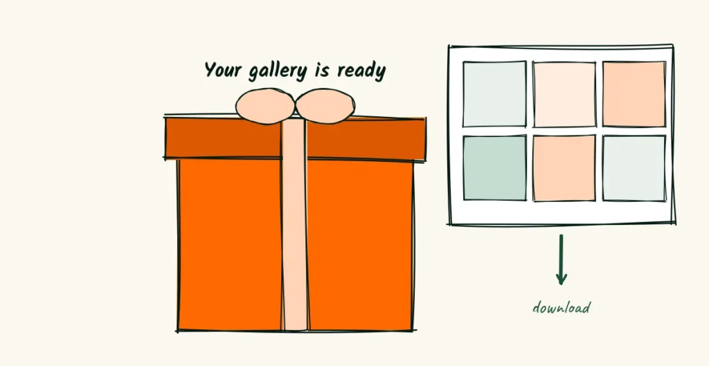 A gallery, like a present A doodle gift box with a ribbon next to a small photo gallery grid and a download arrow, under the words your gallery is ready