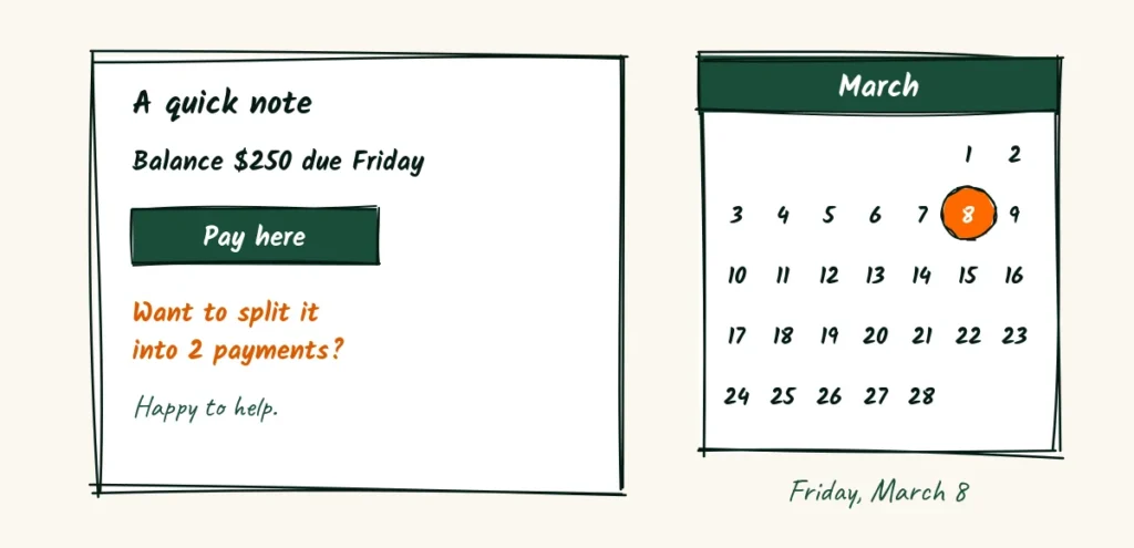Money, said kindly A doodle friendly payment note with the balance due Friday, a pay here button, an offer to split it into two payments and a calendar with March 8 circled