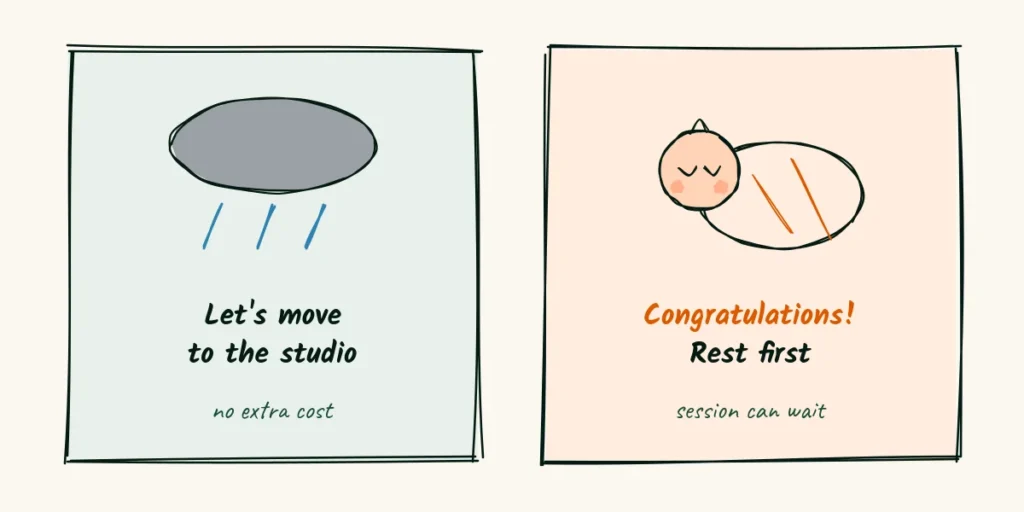 Plan B emails A doodle of two cards, one with a rain cloud saying let us move to the studio at no extra cost, and one with a sleeping newborn saying congratulations, rest first