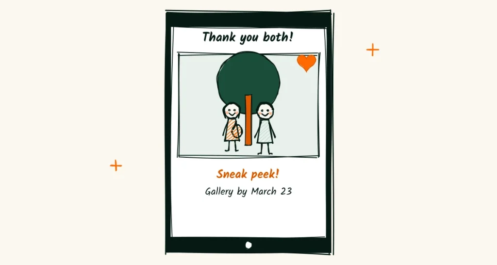 A sneak peek the same night A doodle phone showing a thank-you email with one sneak peek photo of a couple under a big tree, a heart and a note that the gallery is ready by March 23