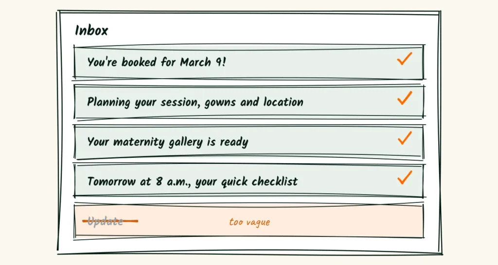 Plain subject lines win A doodle inbox with plain subject lines like you are booked for March 9 and your maternity gallery is ready, and a vague one that just says update crossed out