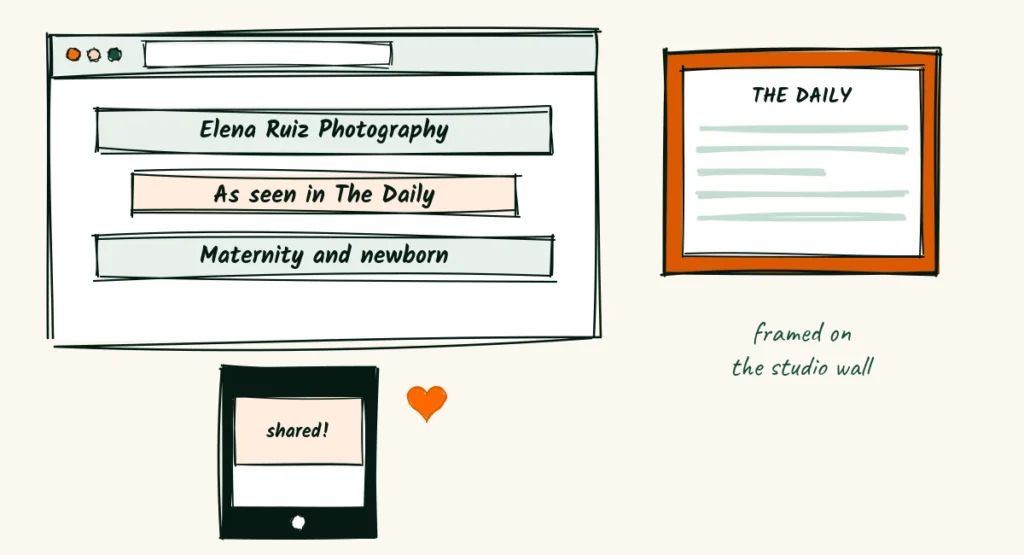 As seen in A doodle website header with an as seen in The Daily badge, a framed newspaper on a studio wall and a phone sharing the article