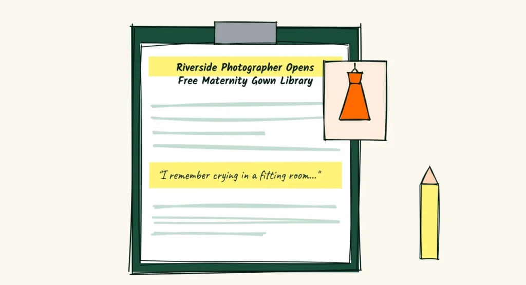 A full sample A doodle sample press release on a clipboard with a gown photo clipped to the corner and a highlighter marking the headline and the quote