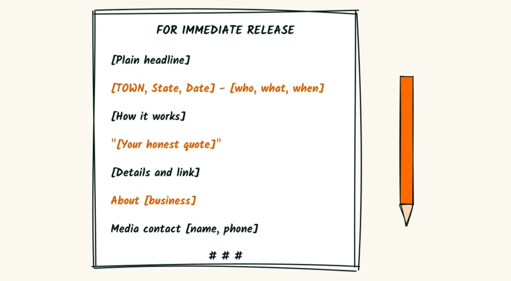 A fill-in template A doodle fill-in press release template with bracketed blanks for the headline, dateline, quote, details and media contact, with a pencil beside it