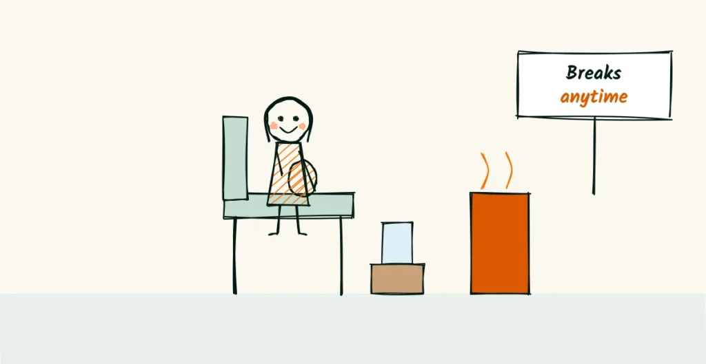 How it feels on her body A doodle of a pregnant woman sitting comfortably on a chair in a studio with a glass of water, a small heater and a sign that says breaks anytime