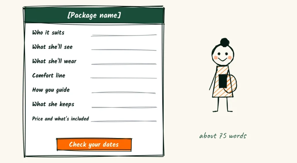 A service description, filled in A doodle fill-in service card with blanks for the package name, who it suits, what she will see, wear and keep, a comfort line and price, plus a check your dates button