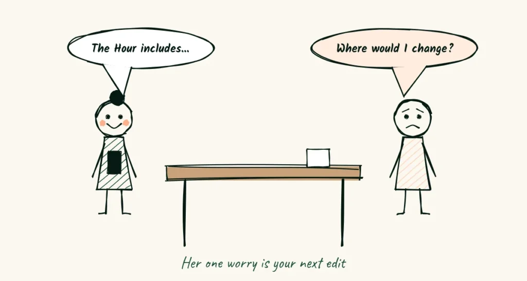 The friend test A doodle of a photographer reading a services page aloud to a curious friend with a cup of tea, who asks where would I change