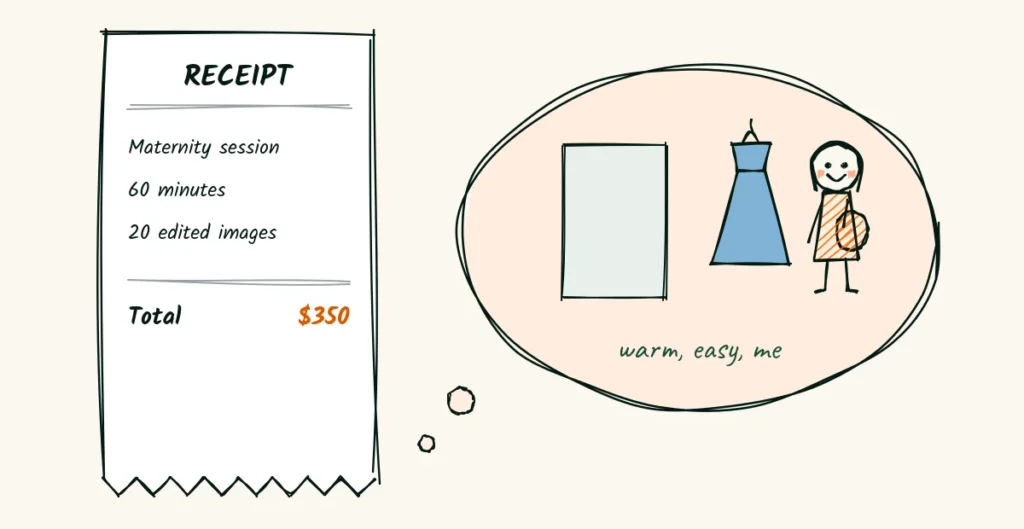 A receipt isn't a reason A doodle receipt that says maternity session, 60 minutes, 20 edited images, 0, next to a dreamy thought bubble showing a window, a blue gown and a smiling pregnant woman