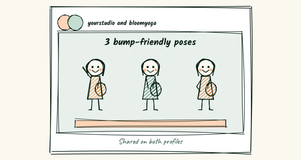 A doodle collab post from a photographer and a yoga studio with two profile pictures, showing three pregnant women in bump-friendly poses on a yoga mat