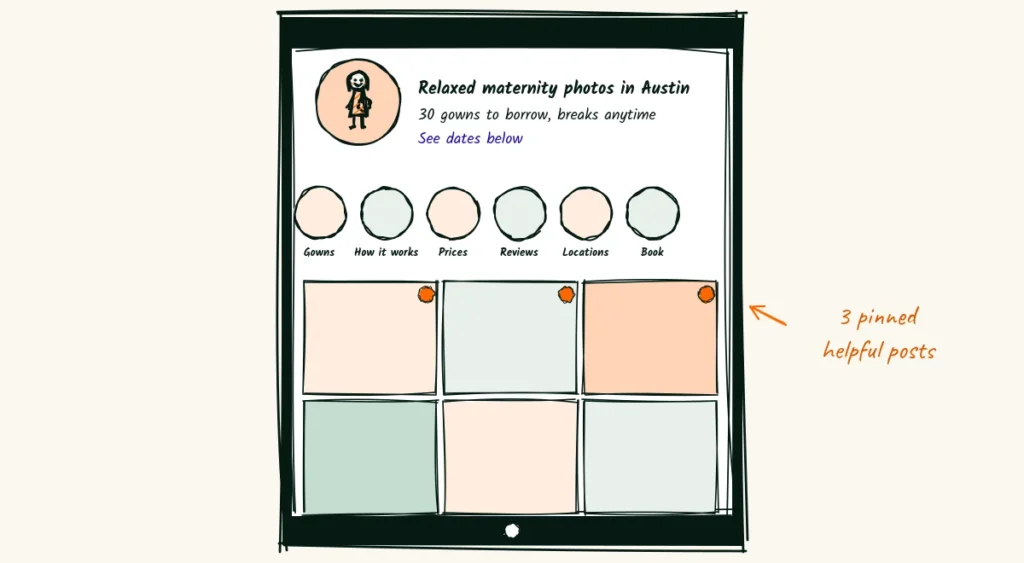 A doodle Instagram profile with a three-line bio, a link, six highlight circles labeled gowns, how it works, prices, reviews, locations and book, and three pinned posts