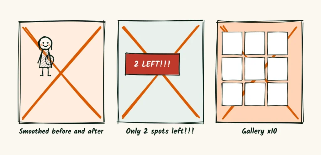 Posts to skip A doodle of three posts to skip, a smoothed before and after, an only 2 spots left banner and a grid of ten galleries in a row, each crossed out