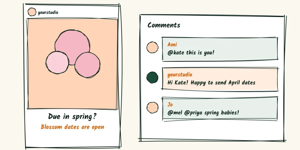 Posts made for tagging A doodle post that says due in spring, blossom dates are open, with comments tagging friends and a warm reply from the photographer offering April dates