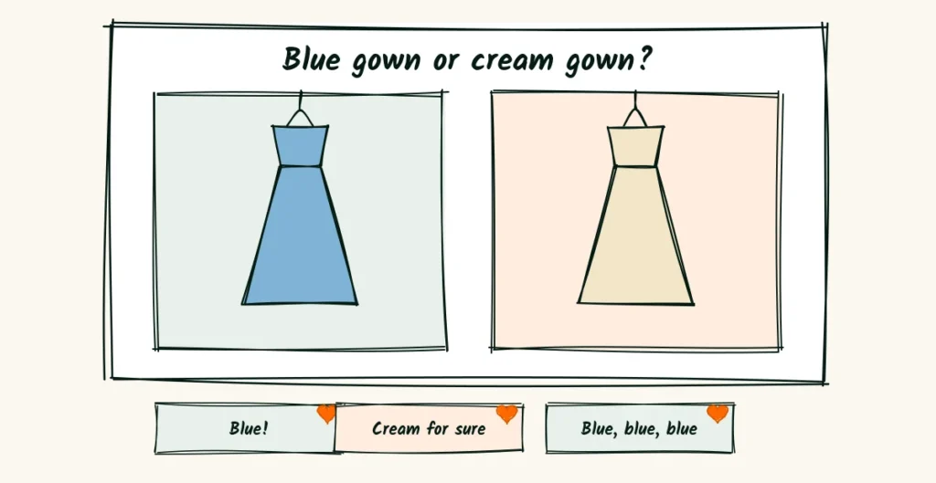Easy questions, easy comments A doodle post asking blue gown or cream gown with a blue dress and a cream dress side by side and a row of comments voting with hearts