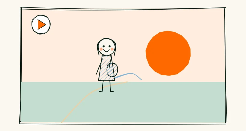 Open on a feeling A doodle film frame of a pregnant woman in a blue gown walking on a meadow path at sunset with her dress blowing in the wind and a play button