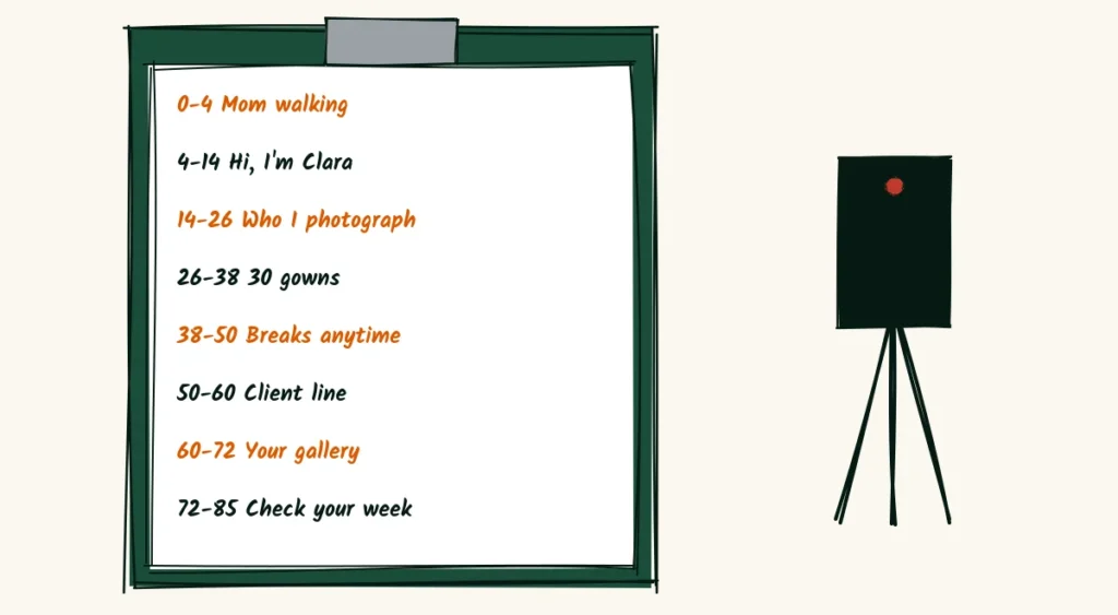 A script, word for word A maternity photographer introduction video script on a clipboard with eight timed lines from mom walking to check your week, beside a phone on a small tripod recording