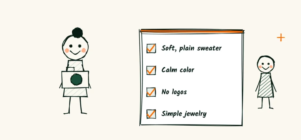 Wear what you wear to work A doodle photographer in a soft plain sweater holding a camera beside a small checklist of soft plain sweater, calm color, no logos and simple jewelry