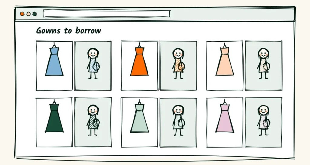 A page for the gowns A doodle gown closet web page with a grid of six dresses, each shown on a hanger and on a pregnant client