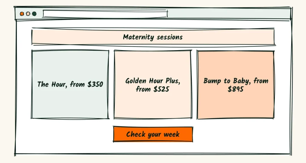 The services page A doodle services page with three package cards side by side, the hour from 0, golden hour plus from 5 and bump to baby from 5, and a check your week button