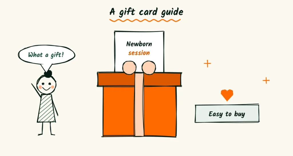 A gift card guide for grandparents A wrapped gift box holding a newborn session gift card, one of the newborn photographer blog ideas for grandparents, beside a smiling grandma