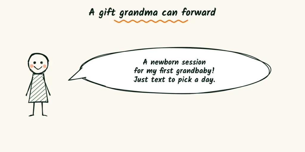 A gift card email for grandma A happy grandma doodle with a speech bubble about giving a newborn session as a gift