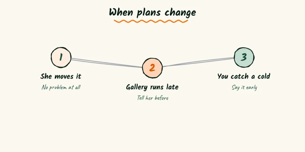 Three changes, three short notes Three doodle steps for moving a session, a late gallery and a photographer's cold, each with a short reply idea