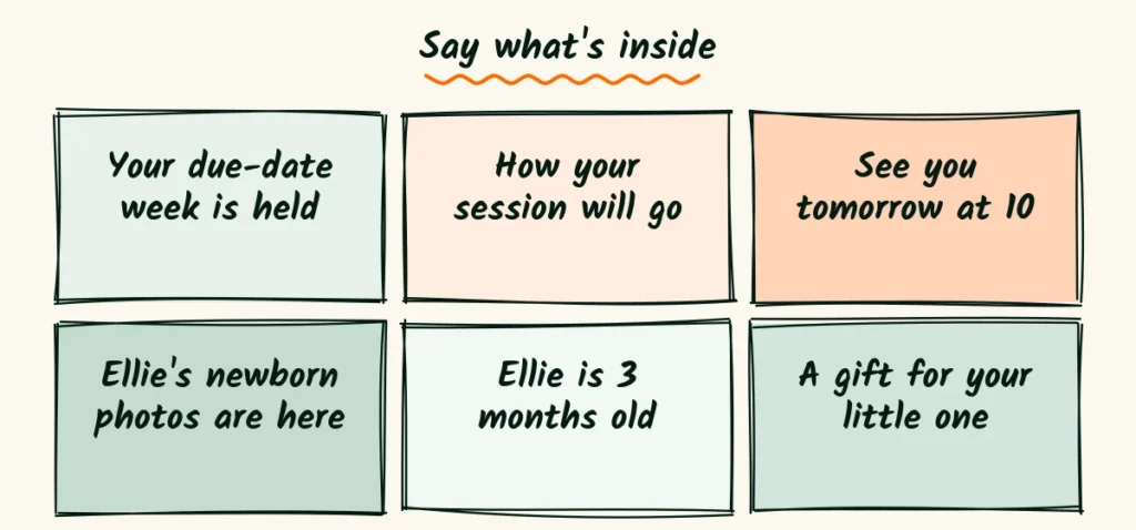 Subject lines that say what's inside Six doodle cards showing clear subject lines like your due-date week is held and Ellie's newborn photos are here