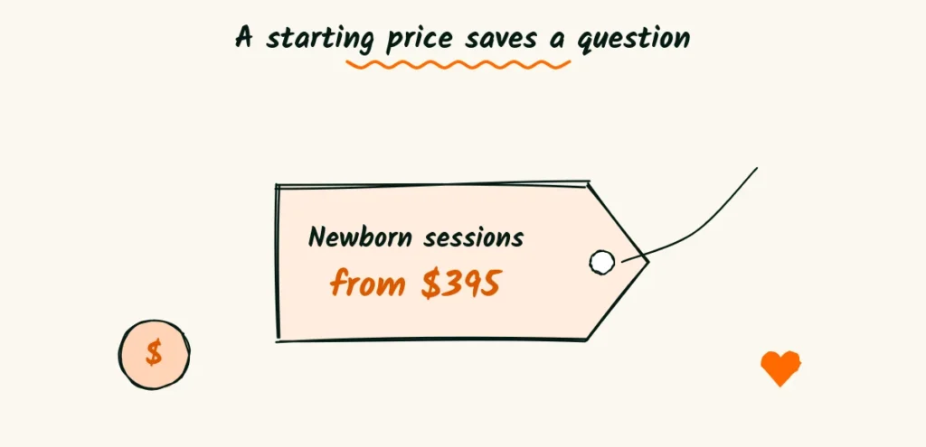 A doodle price tag reading newborn sessions from 5 with a coin and a small heart