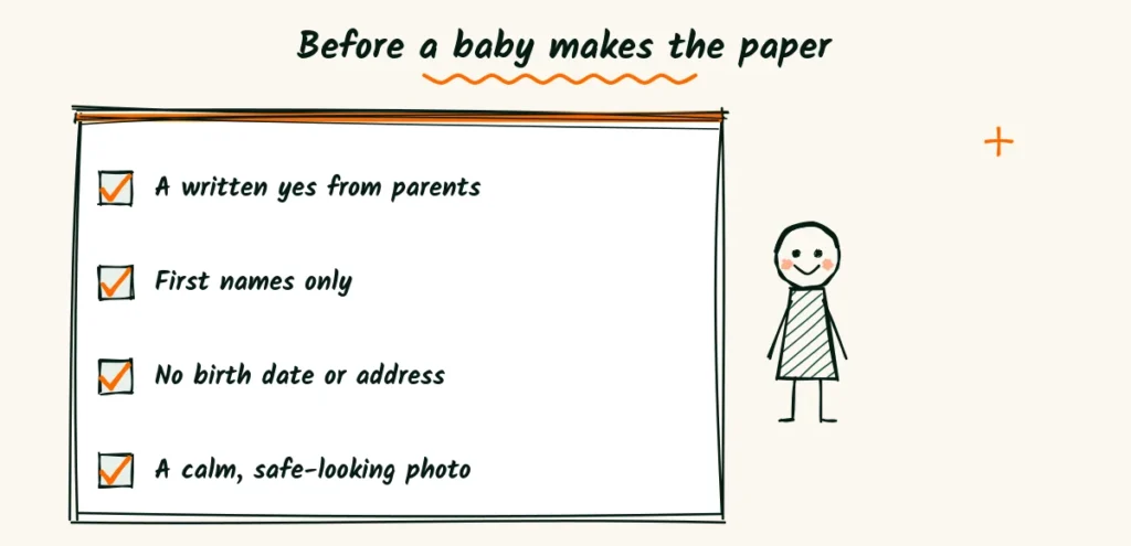 Before a baby makes the paper A doodle checklist with a written yes from parents, first names only, no birth date or address and a calm photo