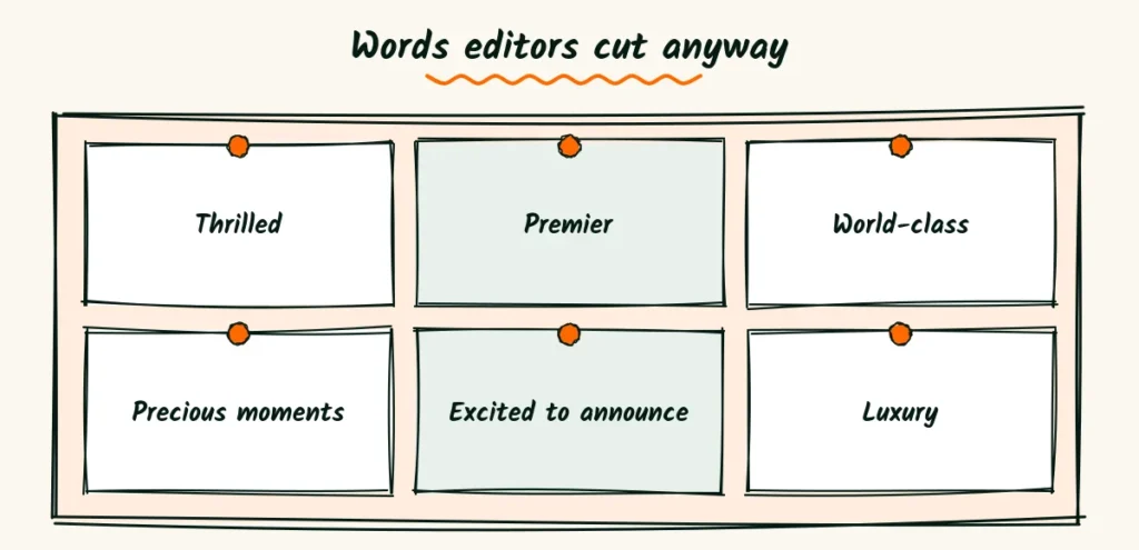 Words editors cut anyway A doodle board of sticky notes with words editors cut, like thrilled, premier, world-class and precious moments