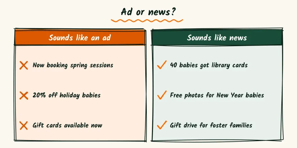 Newborn press idea comparison with ad lines crossed out on the left and news lines checked on the right
