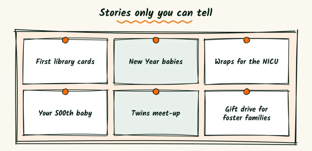 Story ideas to borrow A doodle corkboard with six sticky notes of newborn story ideas like library cards, NICU gifts and New Year's babies